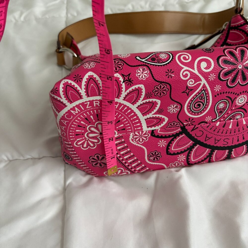 Isaac Mizrahi Pink Bandanna Print Hobo Style Tan PVC Trimmed Bag Retro - Picture 5 of 10